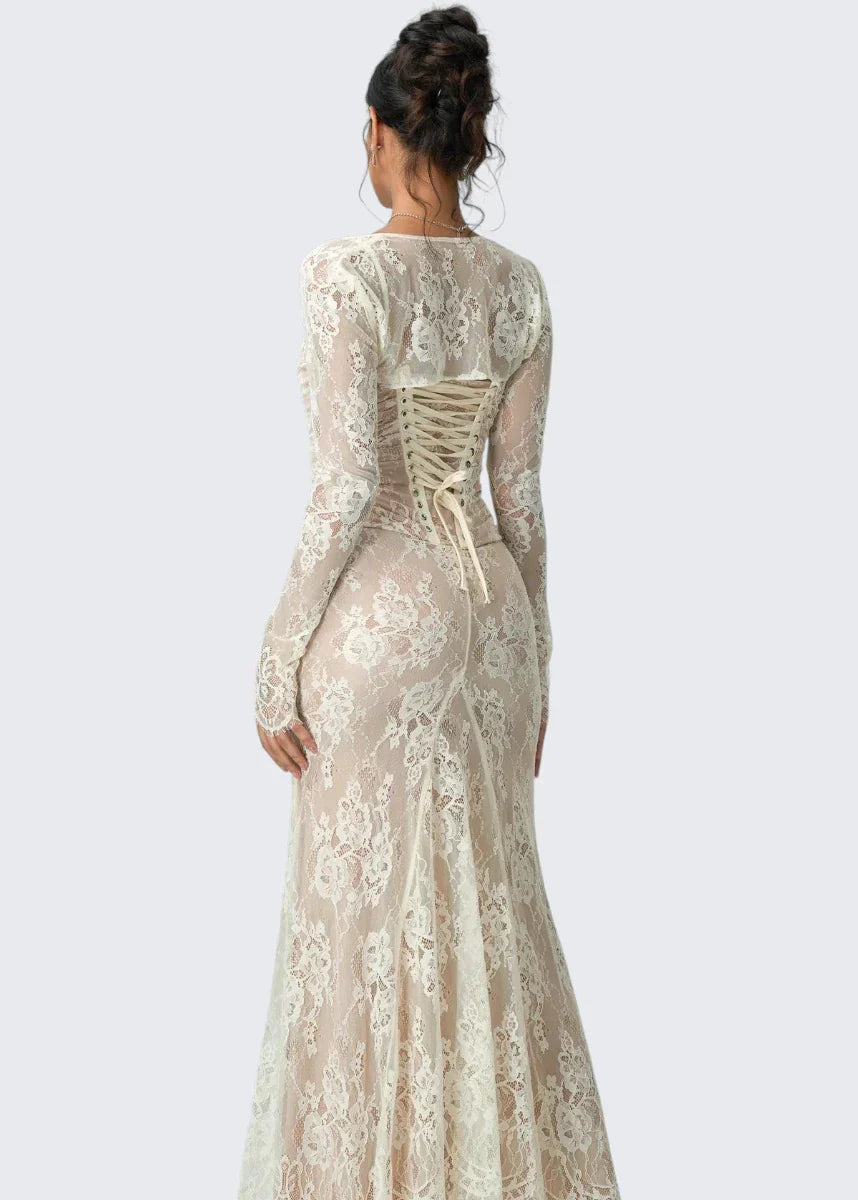 Carrie | Square Neck Sheer Sleeve Lace Dress